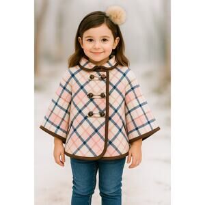 Janie and Jack Girls Years 3-4 Plaid Brush Twill Poncho White Pink Blue Brown